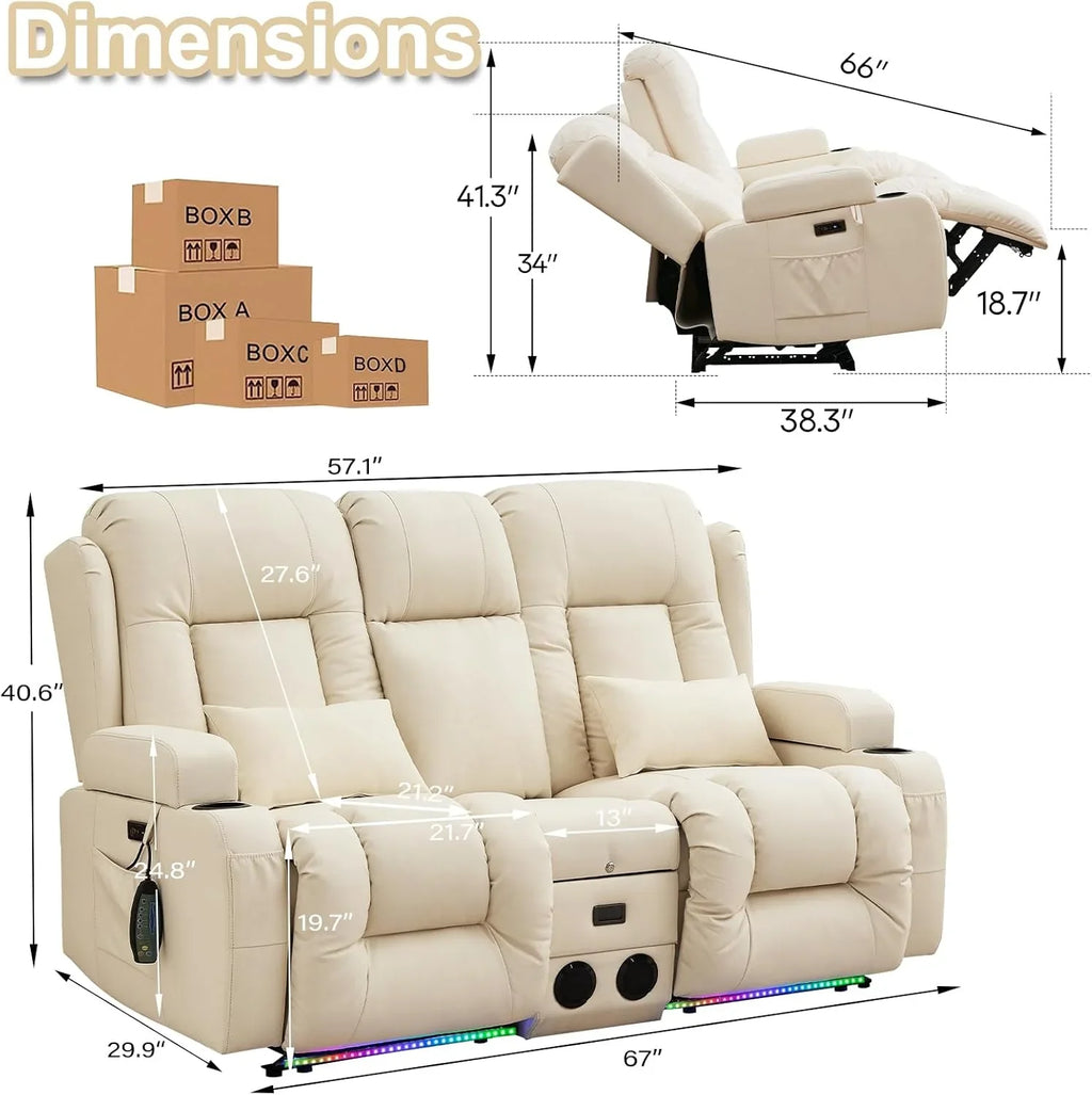 TUNYI Power Loveseat Recliner Sofa with Massage & Heat Home Theater Seating with Console Electric Recliner RV Sofa with USB/Outlet/Storage/Side Pocket/LED Light/Speaker (Brown, Loveseat)