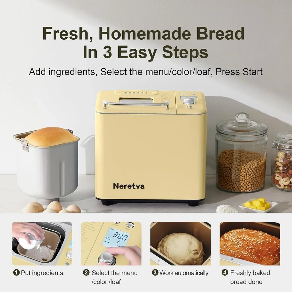 Neretva Bread Maker, 20-IN-1 2LB Bread Machine Dual Heater Bread Maker Machine Automatic with Nonstick Ceramic Pan, 15H Timer & 1H Keep Warm Set, Low Noise, Stainless Steel Breadmaker Recipe-Green