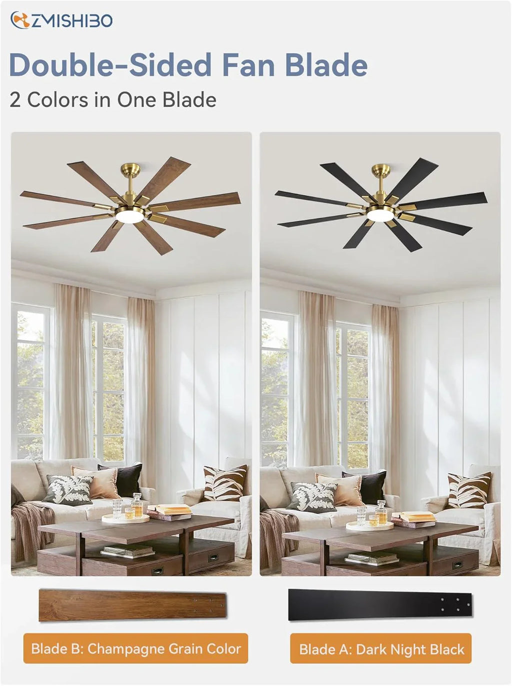 ZMISHIBO 72 inch Large Ceiling Fans with Lights and Remote, Indoor/Outdoor Black Modern Ceiling Fan for Kitchen Living Room Patio, 6 Speed Reversible Quiet DC Motor, 3 CCT, Dual Finish 8 Blades
