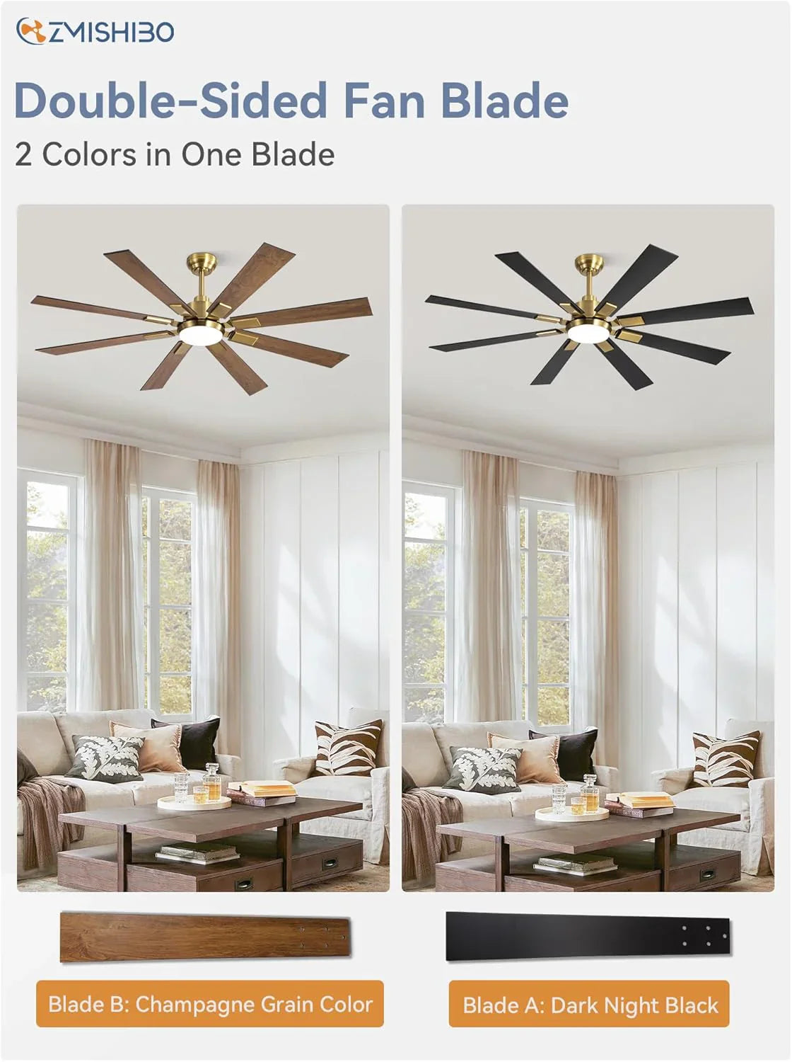 ZMISHIBO 72 inch Large Ceiling Fans with Lights and Remote, Indoor/Outdoor Black Modern Ceiling Fan for Kitchen Living Room Patio, 6 Speed Reversible Quiet DC Motor, 3 CCT, Dual Finish 8 Blades