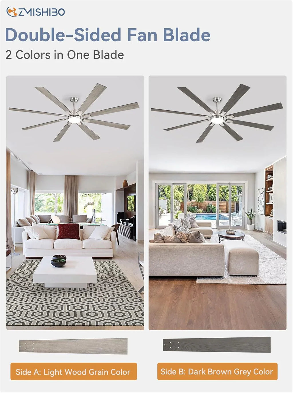 ZMISHIBO 72 inch Large Ceiling Fans with Lights and Remote, Indoor/Outdoor Black Modern Ceiling Fan for Kitchen Living Room Patio, 6 Speed Reversible Quiet DC Motor, 3 CCT, Dual Finish 8 Blades