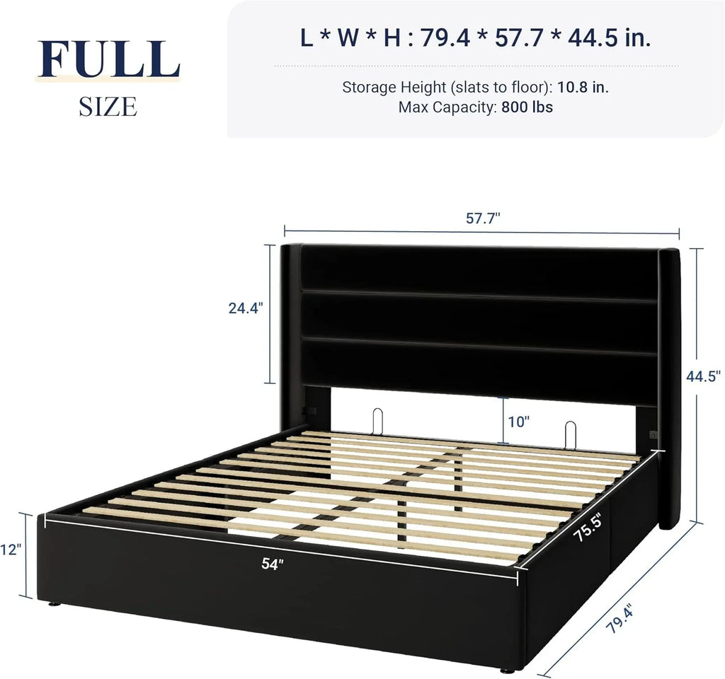 Allewie Queen Size Lift Up Storage Bed Modern Wingback Headboard Hydraulic Support