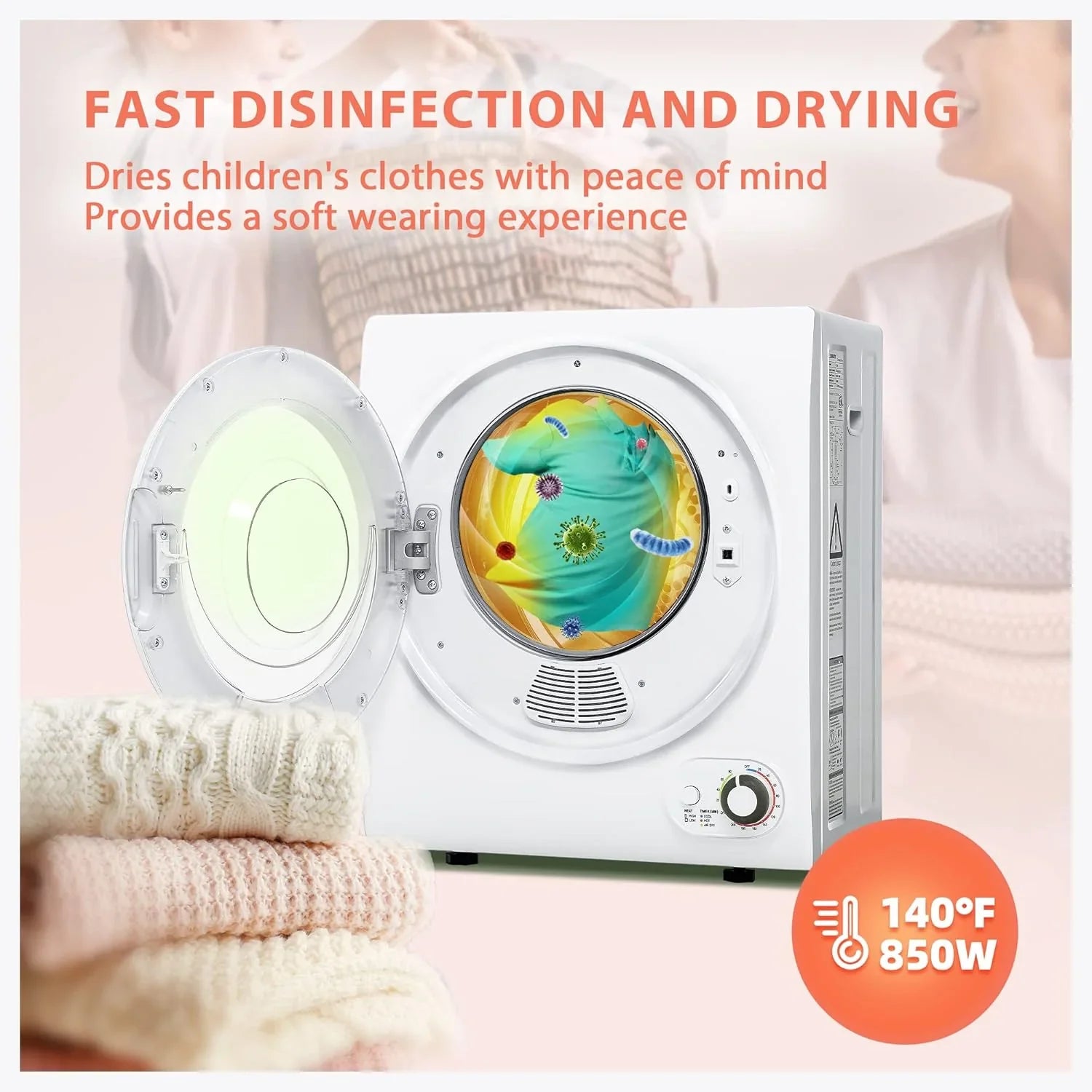 Compact Laundry Dryer, 3.5 cu ft Front Load Stainless Steel Clothes Dryers With Exhaust Pipe, 1500W, LCD Control Panel Four-Function Portable Dryer For Apartments, Home, Dorm, White