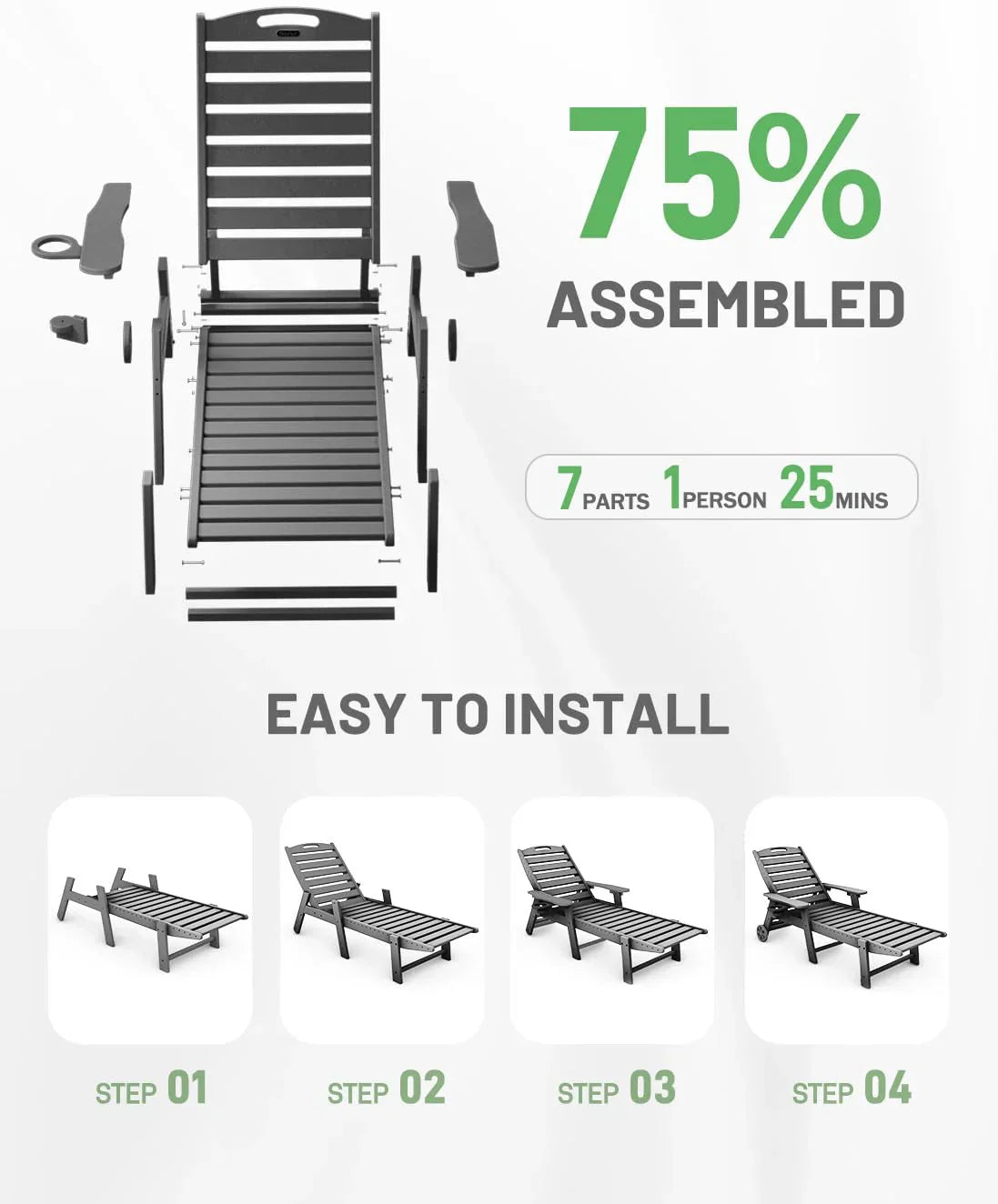 Lounge Chair Outdoor Chaise Lounge HDPE 6-Position Outdoor Chaise Lounge Patio Lounge Chair