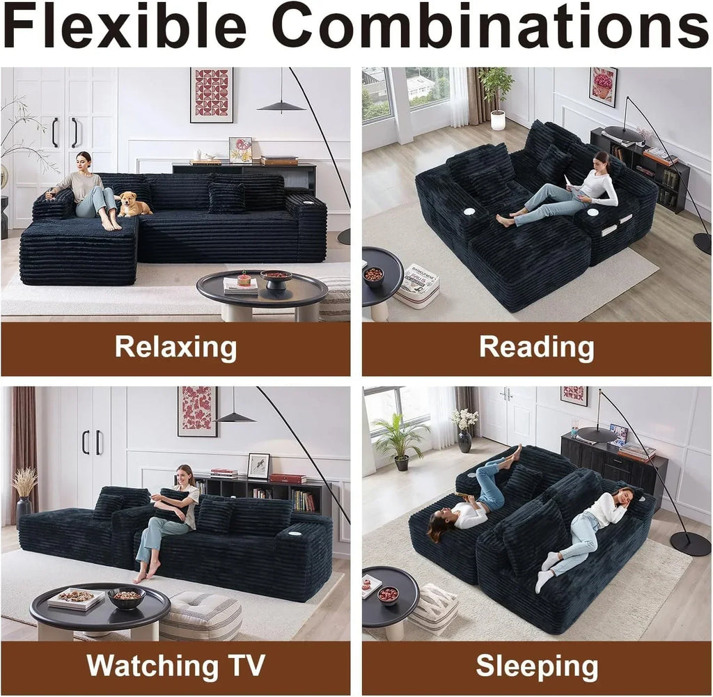 Cloud section sofa with L-shaped recliner modern modular sofa built-in cup holder