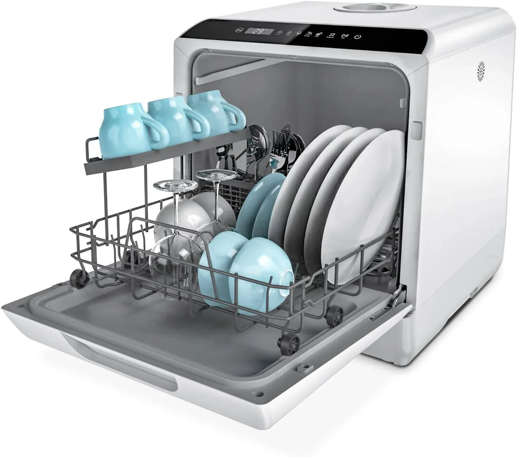 Hermitlux Countertop Dishwasher, 7 Washing Programs Portable Mini Dishwasher with 5-Liter Built-in Water Tank for Apartments & RVs, LED Light, Glass Door, No Hookup Needed