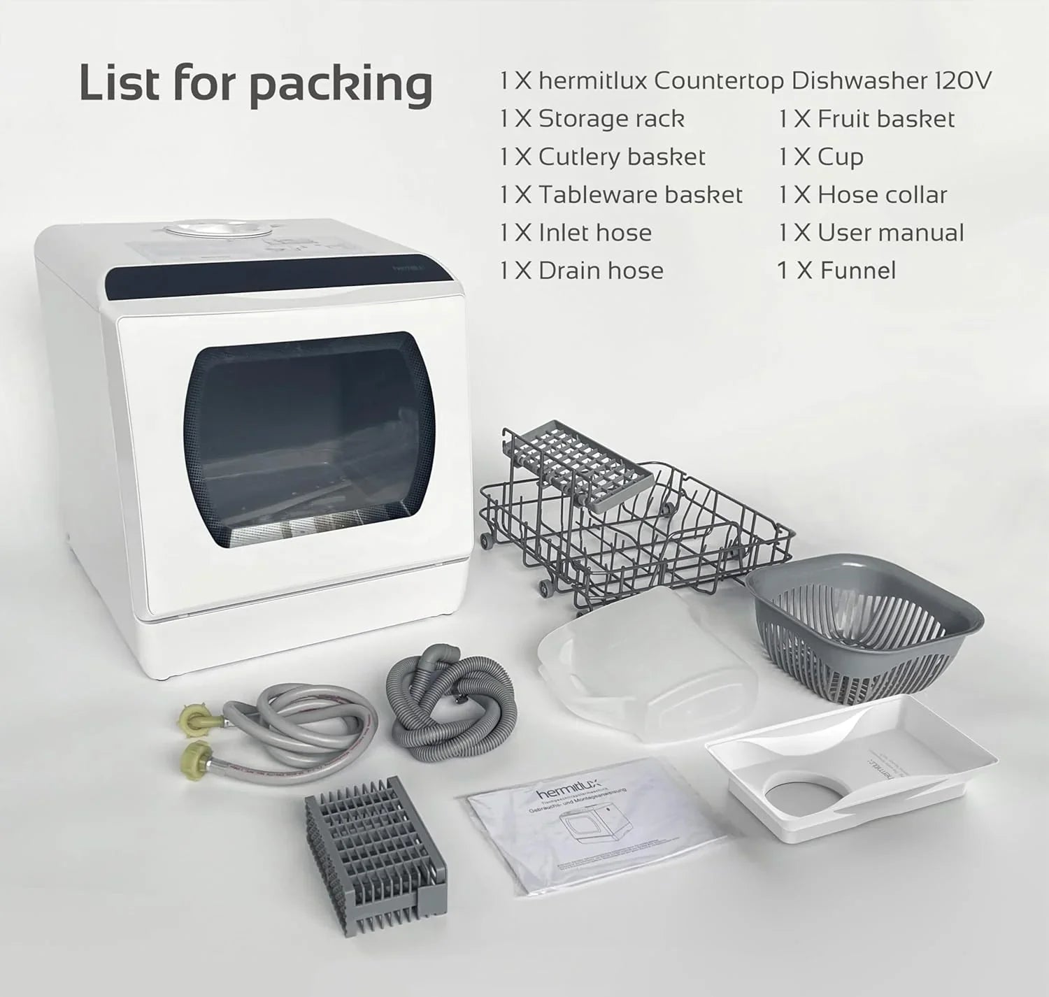 Hermitlux Countertop Dishwasher, 7 Washing Programs Portable Mini Dishwasher with 5-Liter Built-in Water Tank for Apartments & RVs, LED Light, Glass Door, No Hookup Needed