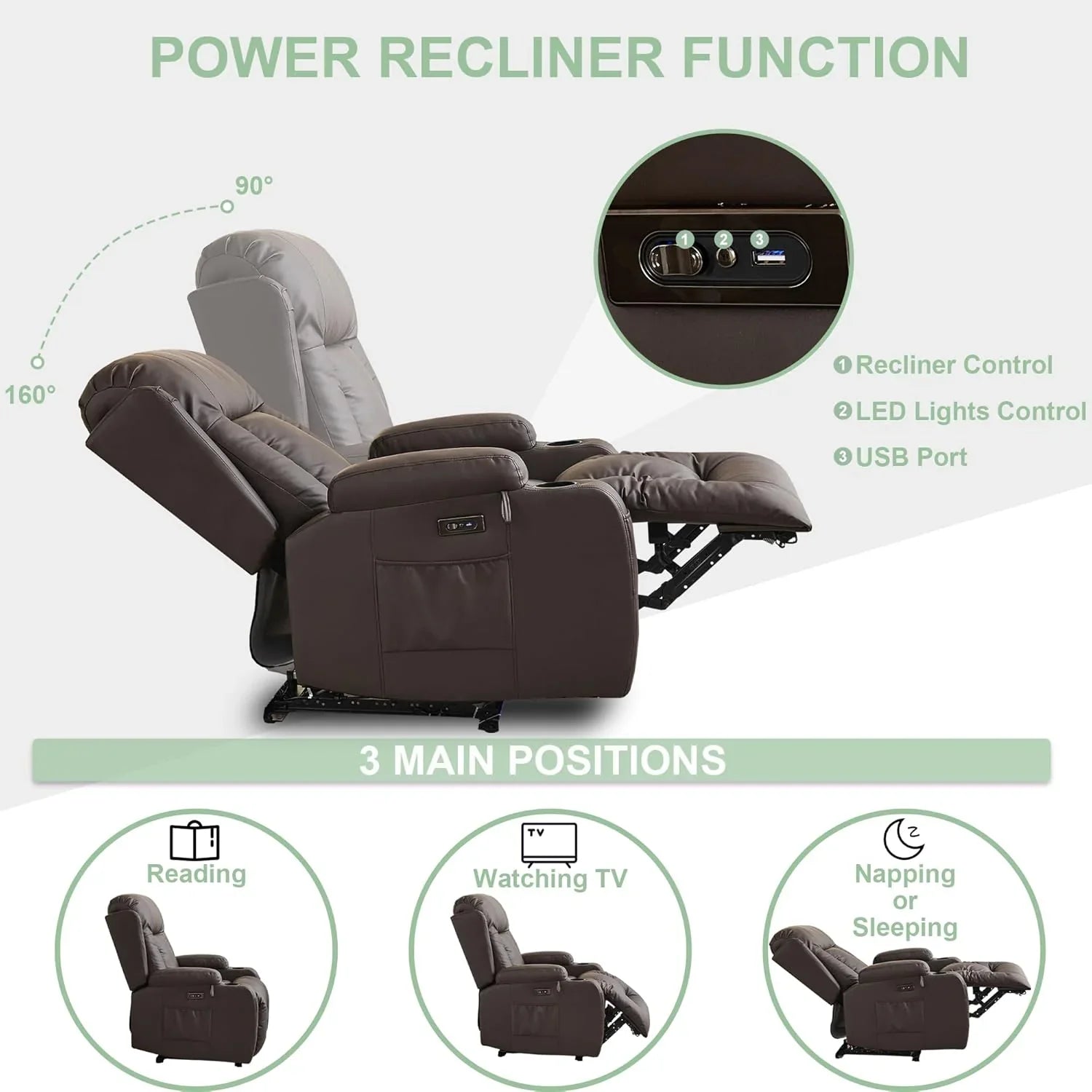 TUNYI Power Loveseat Recliner Sofa with Massage & Heat Home Theater Seating with Console Electric Recliner RV Sofa with USB/Outlet/Storage/Side Pocket/LED Light/Speaker (Brown, Loveseat)