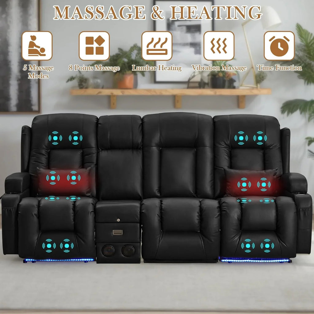 TUNYI Power Loveseat Recliner Sofa with Massage & Heat Home Theater Seating with Console Electric Recliner RV Sofa with USB/Outlet/Storage/Side Pocket/LED Light/Speaker (Brown, Loveseat)