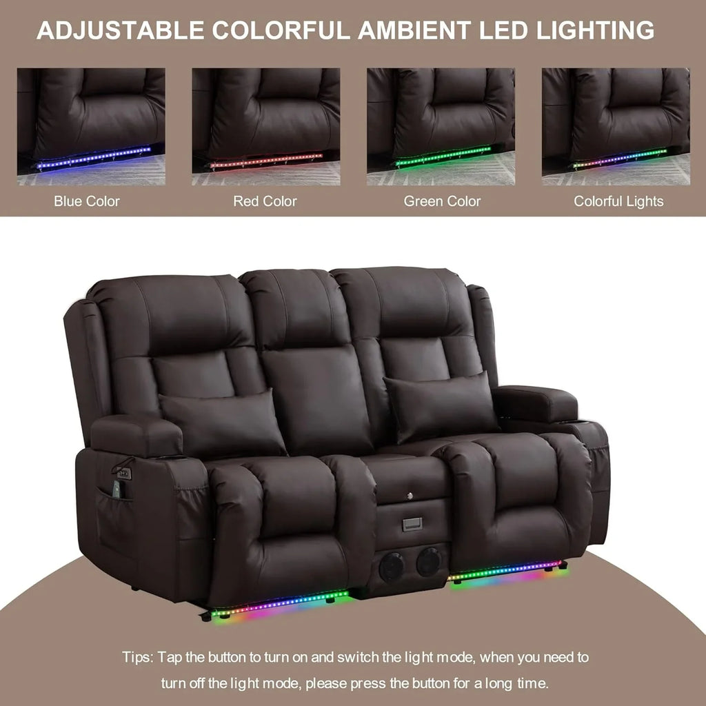TUNYI Power Loveseat Recliner Sofa with Massage & Heat Home Theater Seating with Console Electric Recliner RV Sofa with USB/Outlet/Storage/Side Pocket/LED Light/Speaker (Brown, Loveseat)