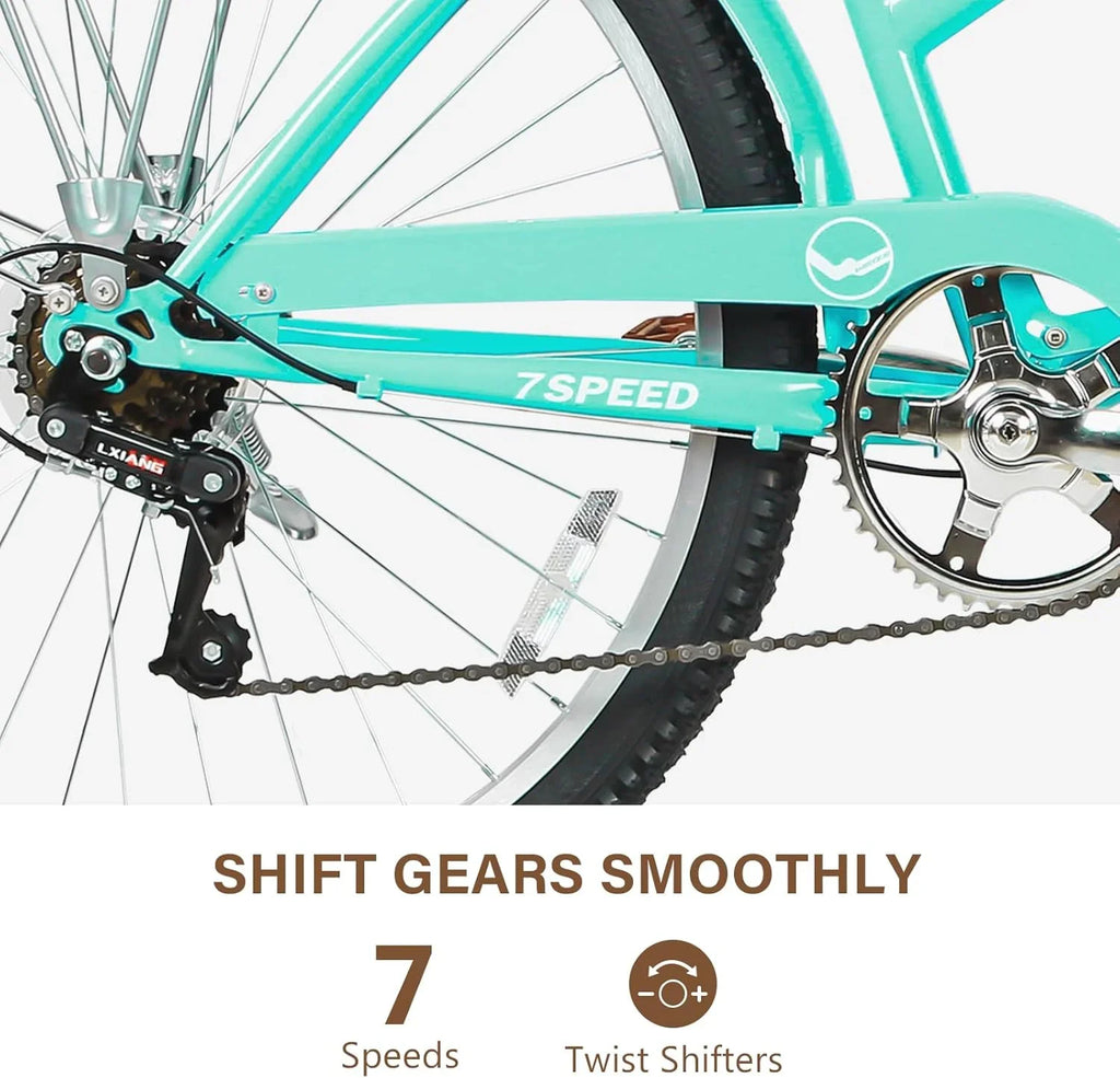 WEIZE Beach Cruiser Bike, 26 inch Commuter Bicycle for Adult Men and Women, 7-Speed/High-Carbon Steel/Front & Rear Fenders, Comfortable City Bikes with Rear Rack or Basket, Ergonomic Upright Design