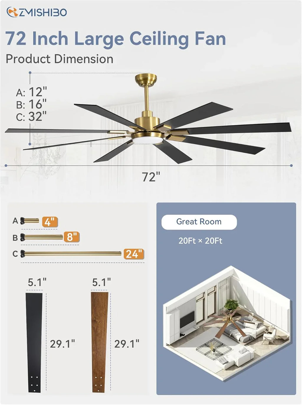 ZMISHIBO 72 inch Large Ceiling Fans with Lights and Remote, Indoor/Outdoor Black Modern Ceiling Fan for Kitchen Living Room Patio, 6 Speed Reversible Quiet DC Motor, 3 CCT, Dual Finish 8 Blades