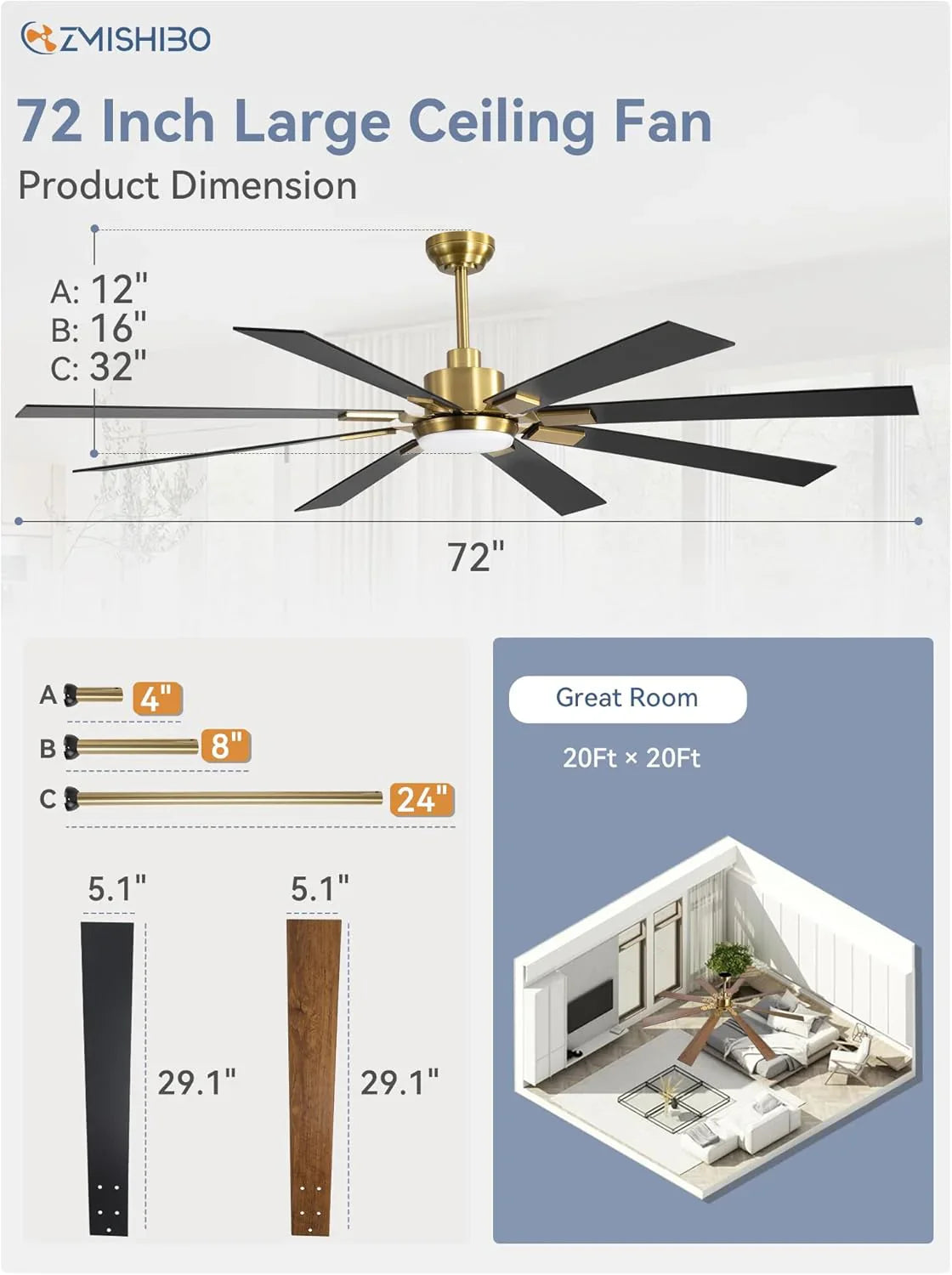 ZMISHIBO 72 inch Large Ceiling Fans with Lights and Remote, Indoor/Outdoor Black Modern Ceiling Fan for Kitchen Living Room Patio, 6 Speed Reversible Quiet DC Motor, 3 CCT, Dual Finish 8 Blades