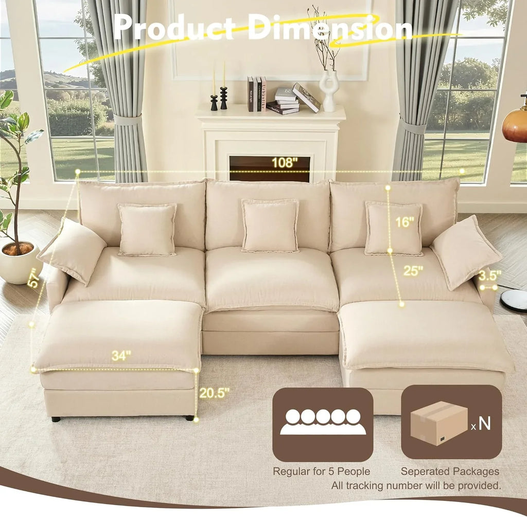 108 U Shaped Couch, Modular Sectional Sofa, 3-Seater Comfy Cloud Couch with Movable Ottoman, Deep Seat Couches for Living Room, Chenille, Slate