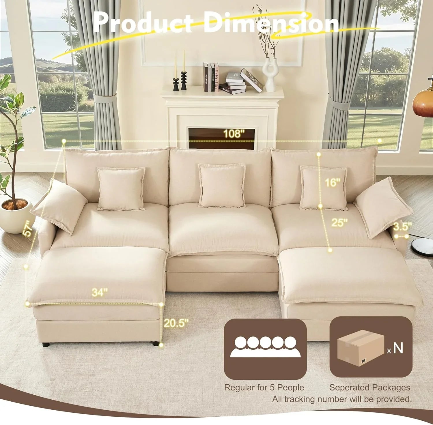 108 U Shaped Couch, Modular Sectional Sofa, 3-Seater Comfy Cloud Couch with Movable Ottoman, Deep Seat Couches for Living Room, Chenille, Slate
