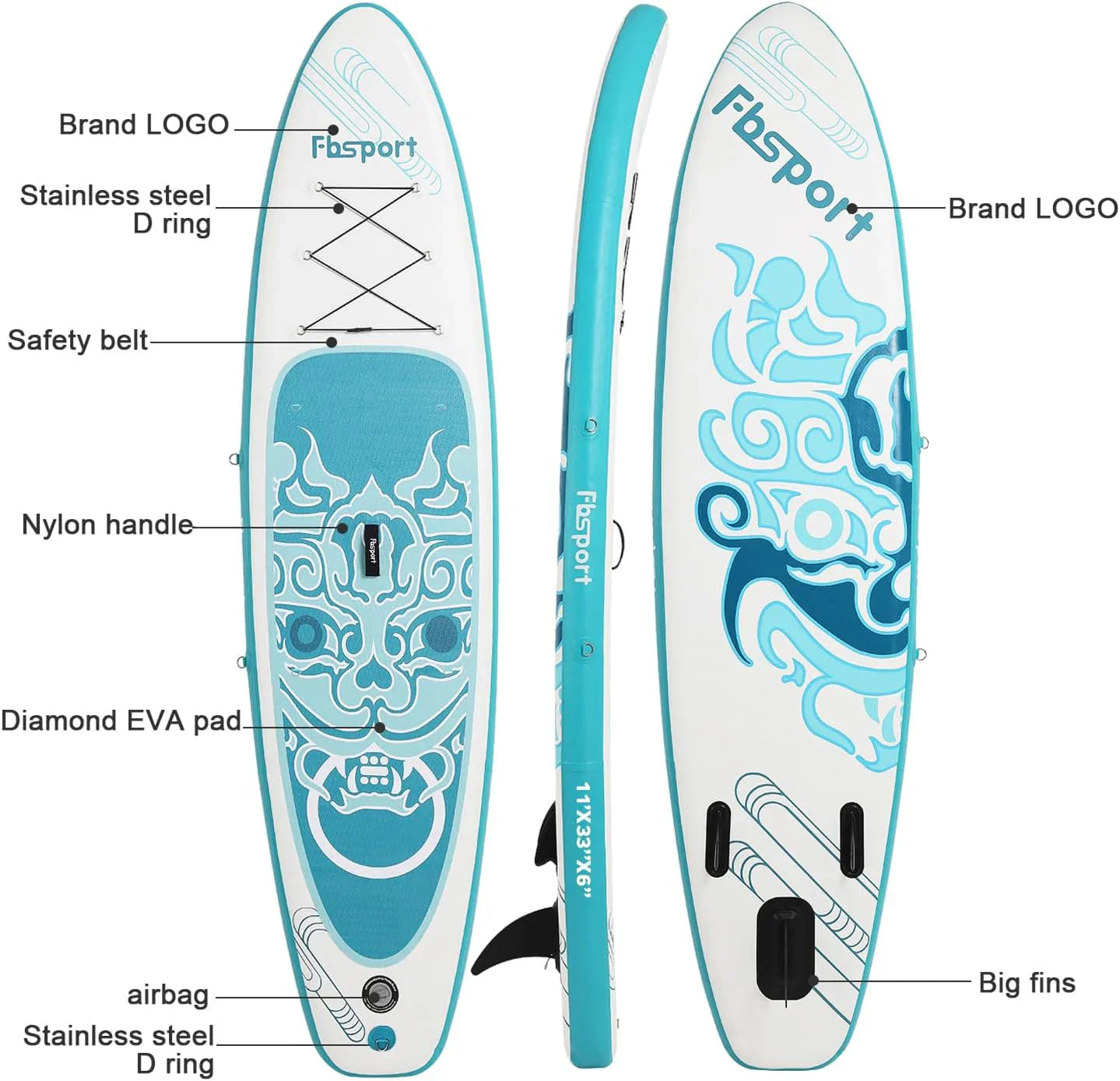 FBSPORT 11' Premium Stand Up Paddle Board, Yoga Board with Durable SUP Accessories & Carry Bag | Wide Stance, Surf Control, Non-Slip Deck, Leash, Paddle and Pump for Youth & Adult