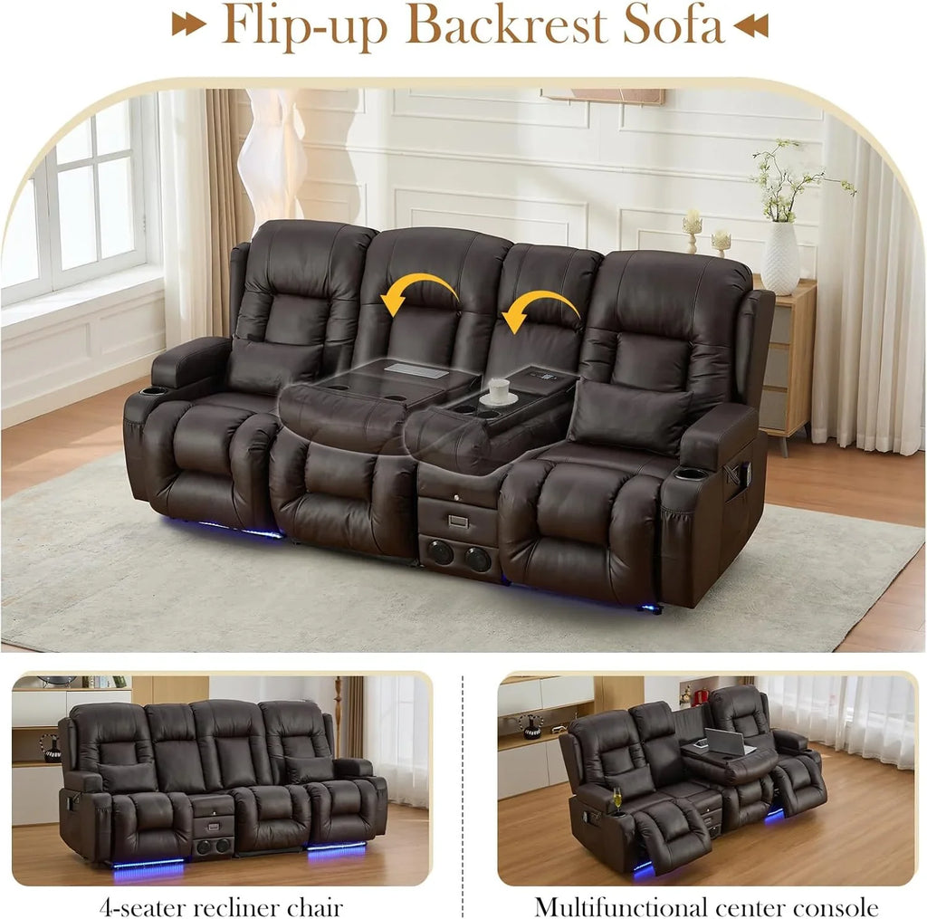 TUNYI Power Loveseat Recliner Sofa with Massage & Heat Home Theater Seating with Console Electric Recliner RV Sofa with USB/Outlet/Storage/Side Pocket/LED Light/Speaker (Brown, Loveseat)