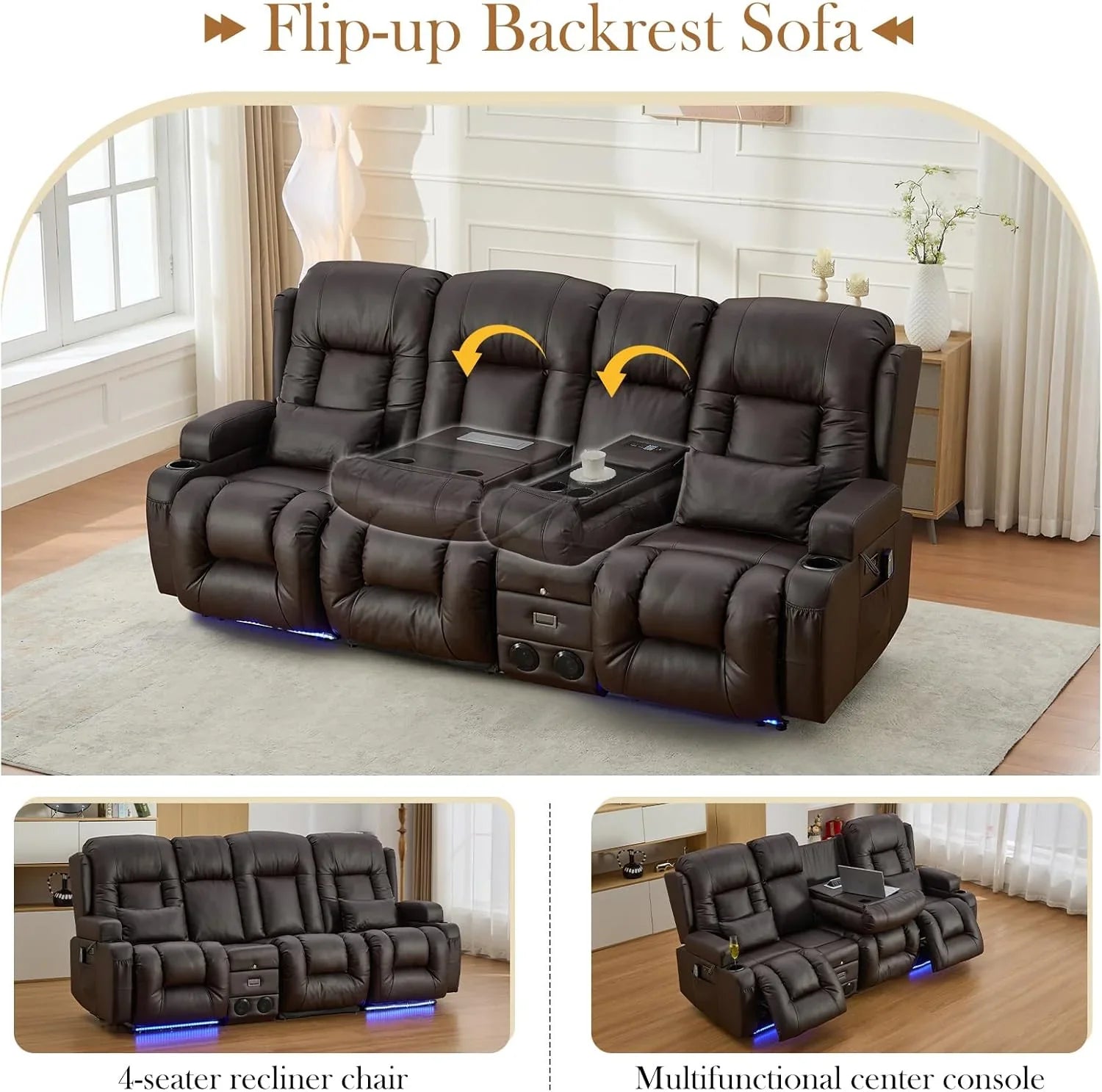 TUNYI Power Loveseat Recliner Sofa with Massage & Heat Home Theater Seating with Console Electric Recliner RV Sofa with USB/Outlet/Storage/Side Pocket/LED Light/Speaker (Brown, Loveseat)