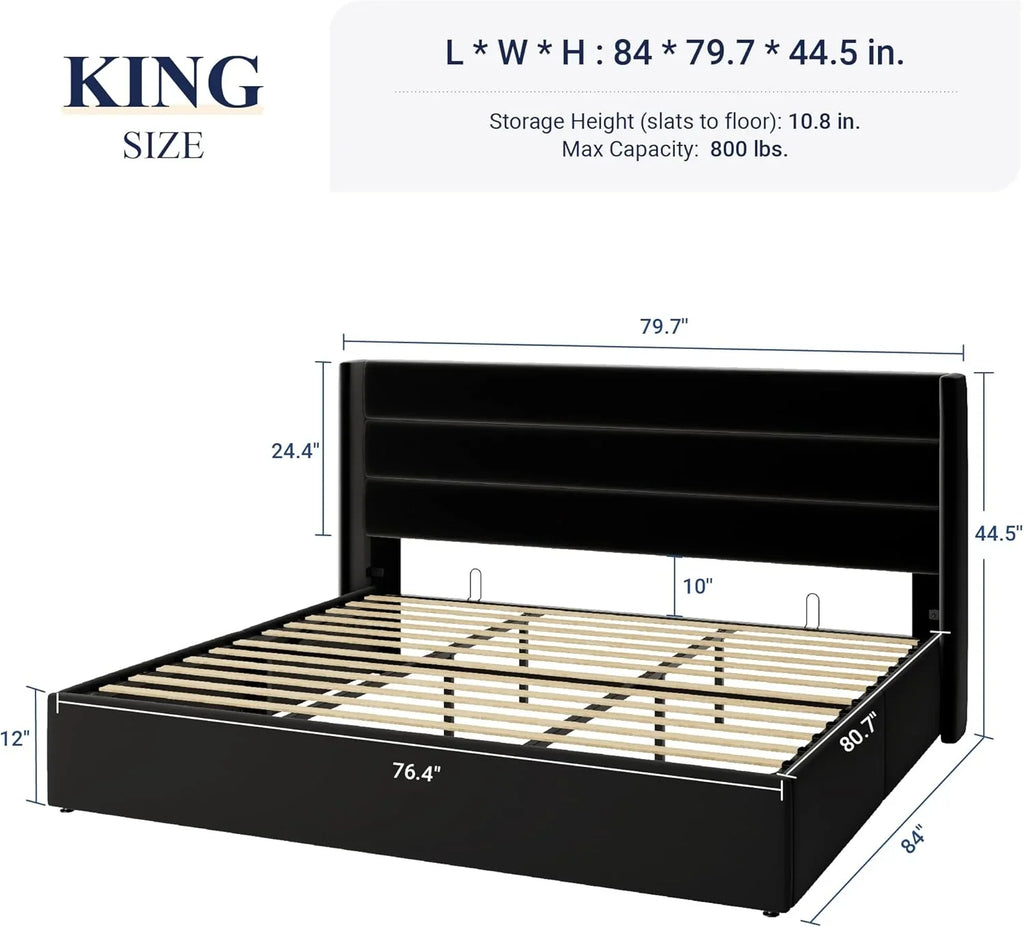 Allewie Queen Size Lift Up Storage Bed Modern Wingback Headboard Hydraulic Support