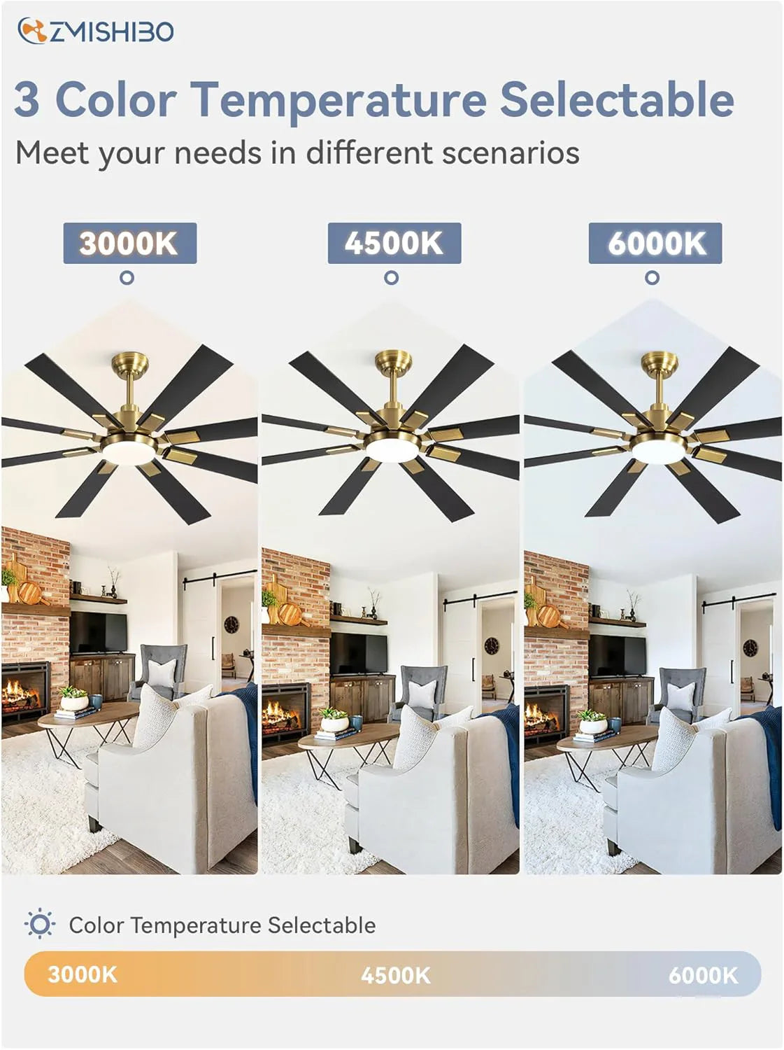 ZMISHIBO 72 inch Large Ceiling Fans with Lights and Remote, Indoor/Outdoor Black Modern Ceiling Fan for Kitchen Living Room Patio, 6 Speed Reversible Quiet DC Motor, 3 CCT, Dual Finish 8 Blades