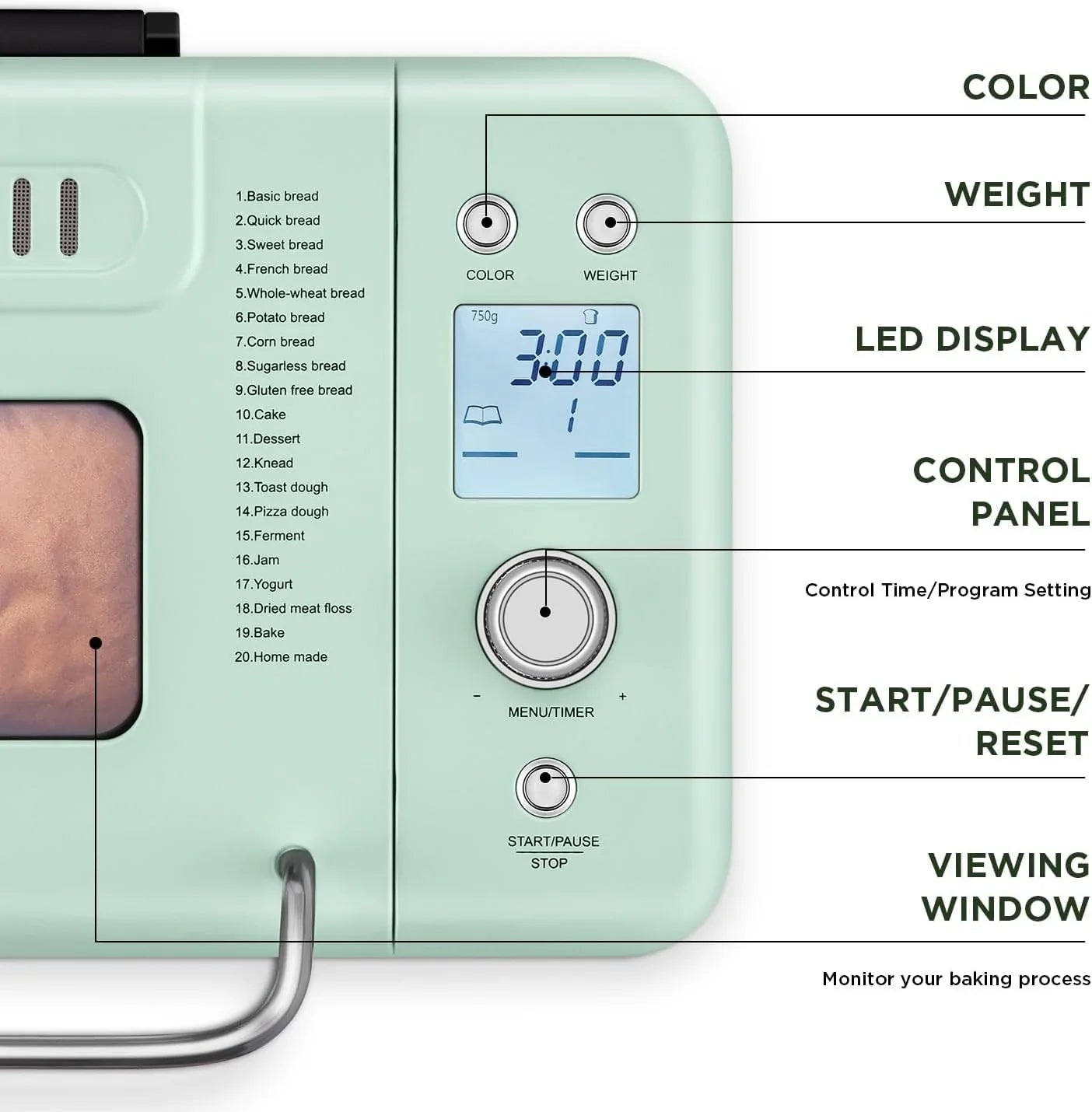 Neretva Bread Maker, 20-IN-1 2LB Bread Machine Dual Heater Bread Maker Machine Automatic with Nonstick Ceramic Pan, 15H Timer & 1H Keep Warm Set, Low Noise, Stainless Steel Breadmaker Recipe-Green