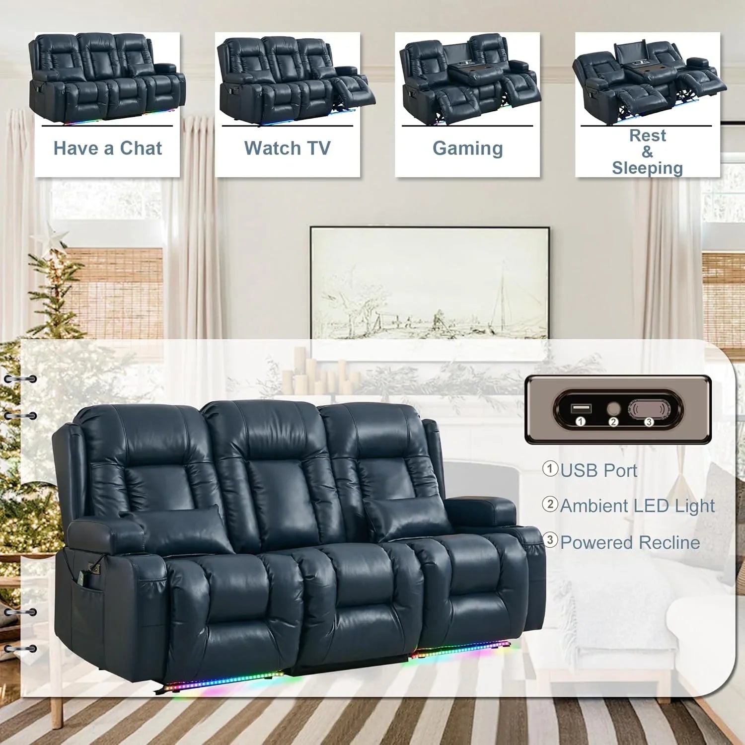 TUNYI Power Loveseat Recliner Sofa with Massage & Heat Home Theater Seating with Console Electric Recliner RV Sofa with USB/Outlet/Storage/Side Pocket/LED Light/Speaker (Brown, Loveseat)