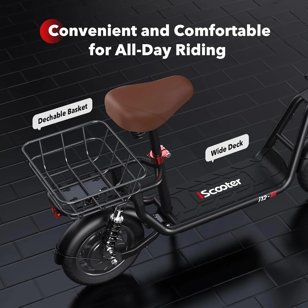 iScooter electric scooter with seat, 37/21 mile range, 28/19/15.6 mph top speed, dual suspension scooter with basket