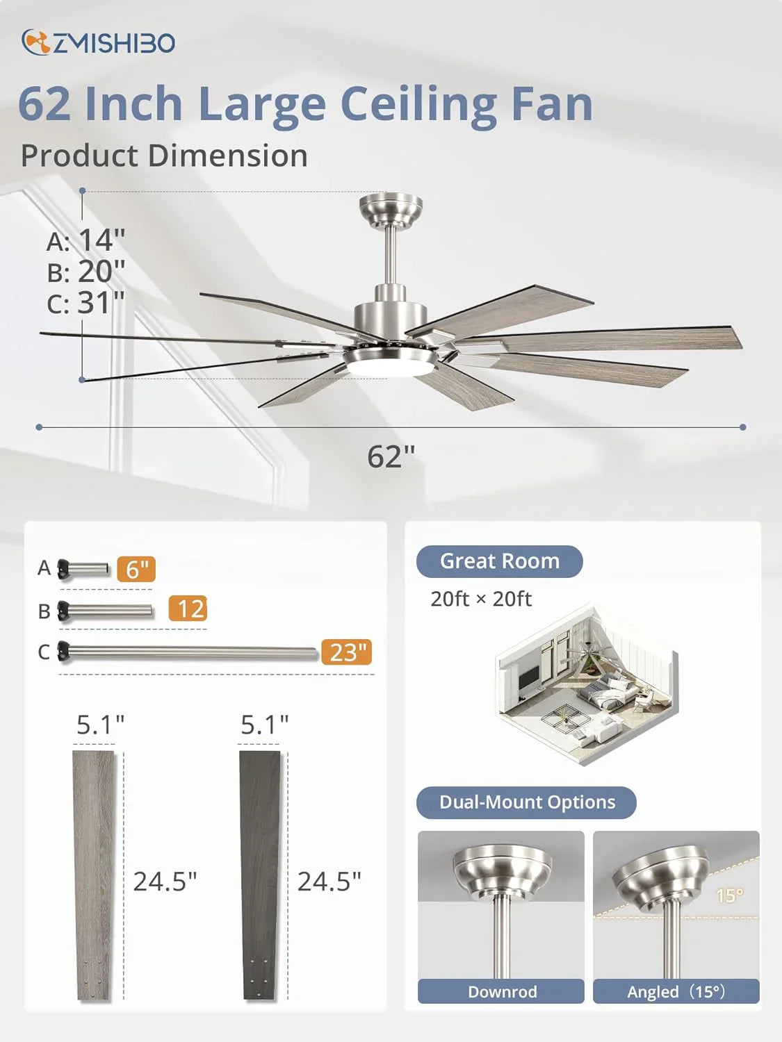 ZMISHIBO 72 inch Large Ceiling Fans with Lights and Remote, Indoor/Outdoor Black Modern Ceiling Fan for Kitchen Living Room Patio, 6 Speed Reversible Quiet DC Motor, 3 CCT, Dual Finish 8 Blades