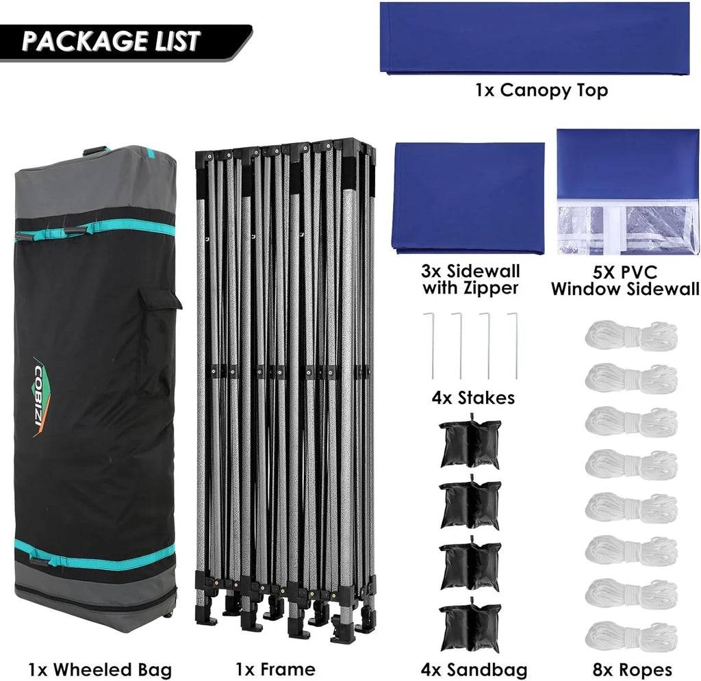COBIZI 10x20 Heavy Duty Pop up Canopy Tent with 6 sidewalls Easy Up Commercial Outdoor Canopy Wedding Party Tents for Parties All Season Wind & Waterproof Gazebo with Roller Bag,Black(Frame Thickened)