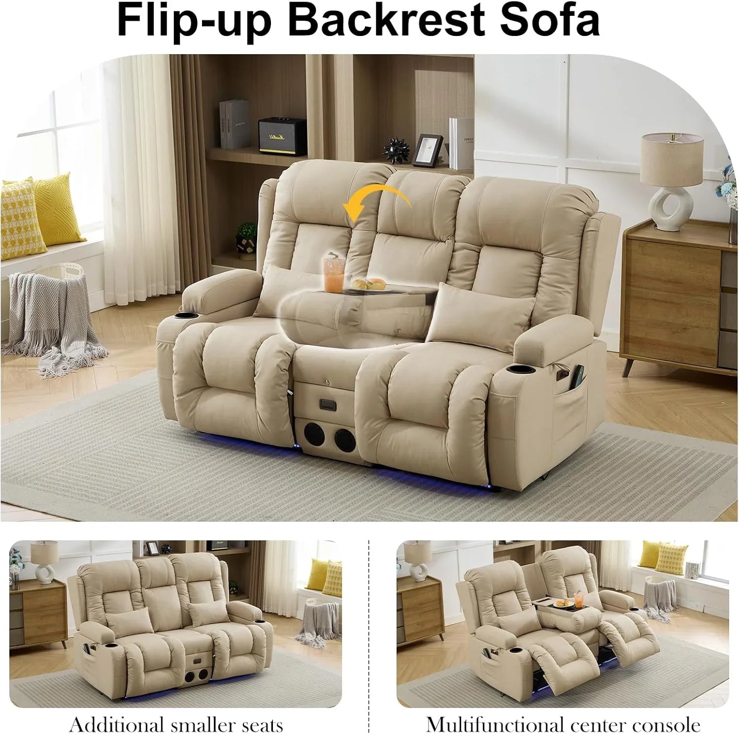 TUNYI Power Loveseat Recliner Sofa with Massage & Heat Home Theater Seating with Console Electric Recliner RV Sofa with USB/Outlet/Storage/Side Pocket/LED Light/Speaker (Brown, Loveseat)